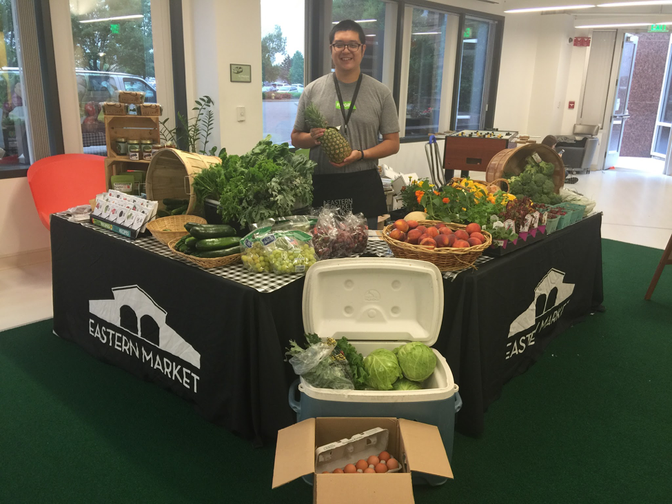 This stand was set up at a workplace, to make fresh produce shopping convenient.